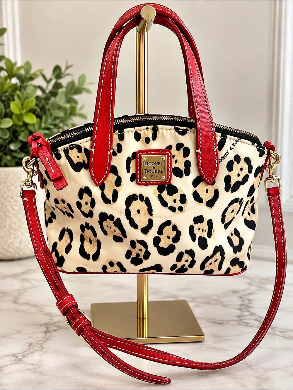 Dooney & Bourke Mini Leopard Print Crossbody Satchel Red Trim